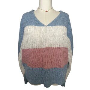 Ultra Flirt Striped V Neck Sweater, chunky waffle-style knit, Size: XL